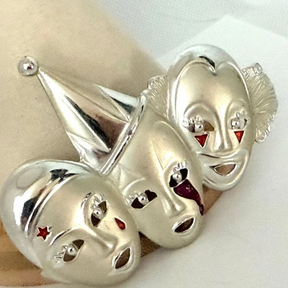 Vintage Silver Tone Triple Clown Theater Mask Enamel Brooch